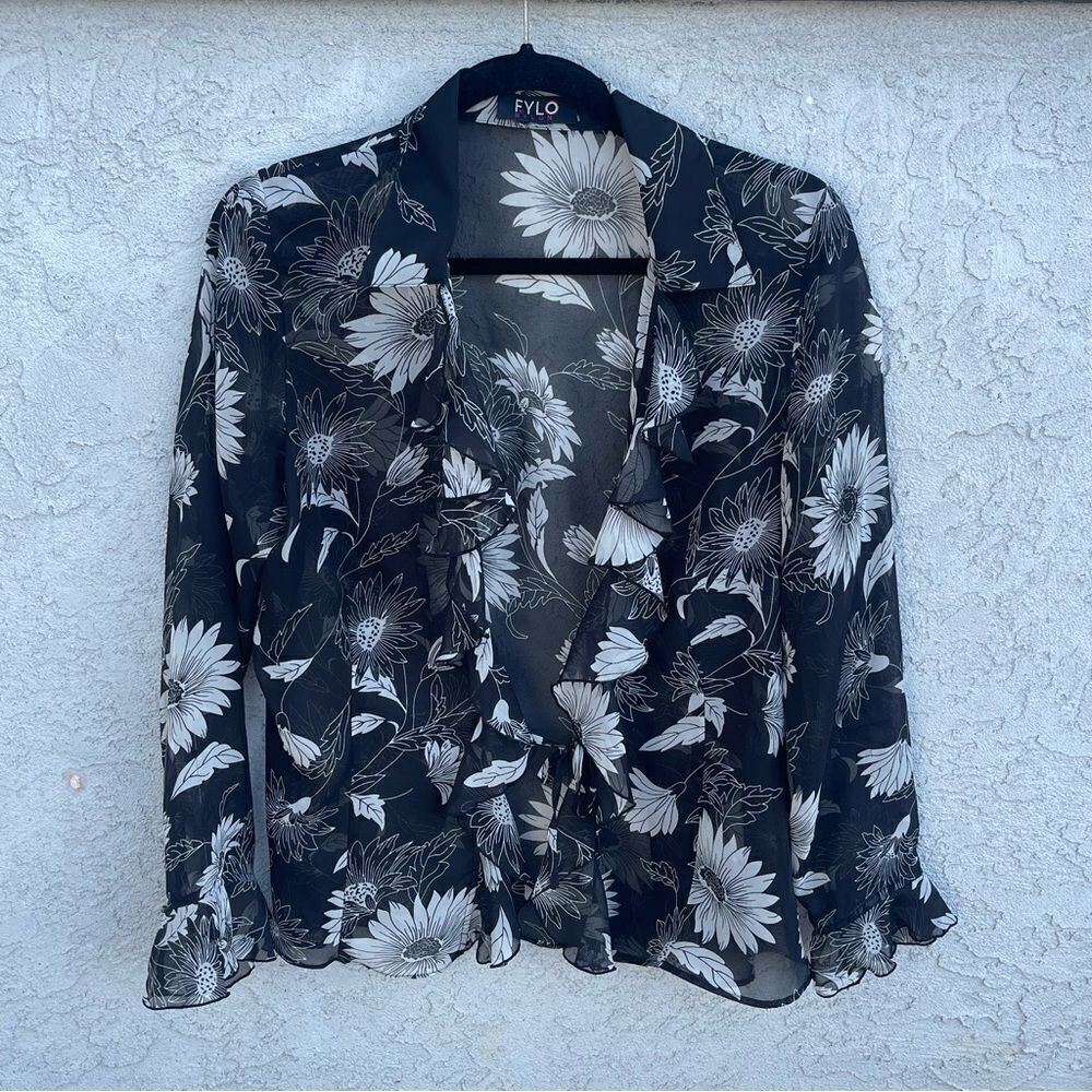 Sheer Black Floral Blouse w/ Ruffle Details SZ SM - Whimsygoth Romantic Grunge